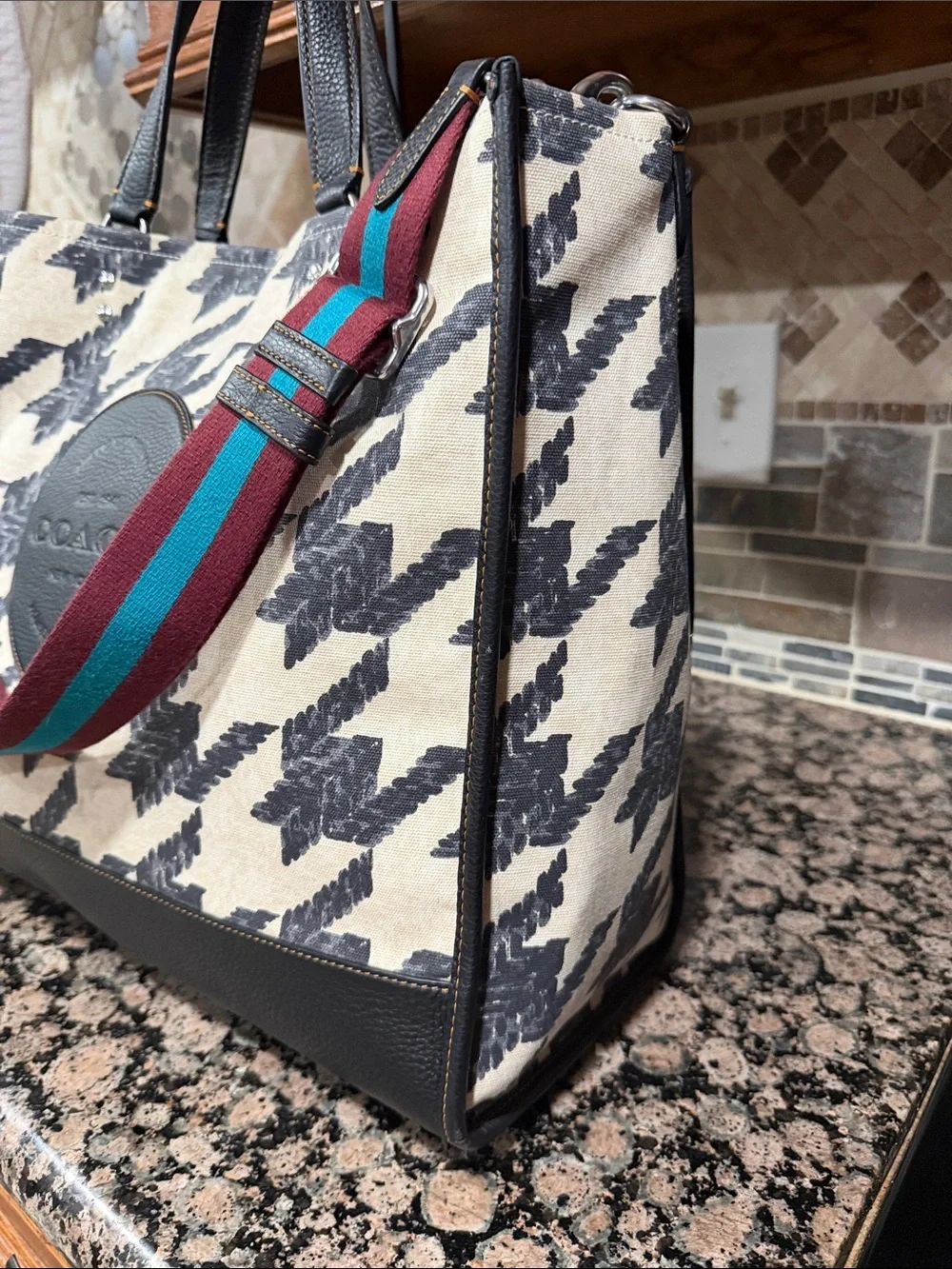 Coach Dempsey Tote 40 With Houndstooth Print And Patch